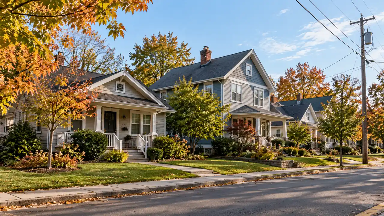 Different-sized homes on an American residential street with autumn trees and overhead utility lines