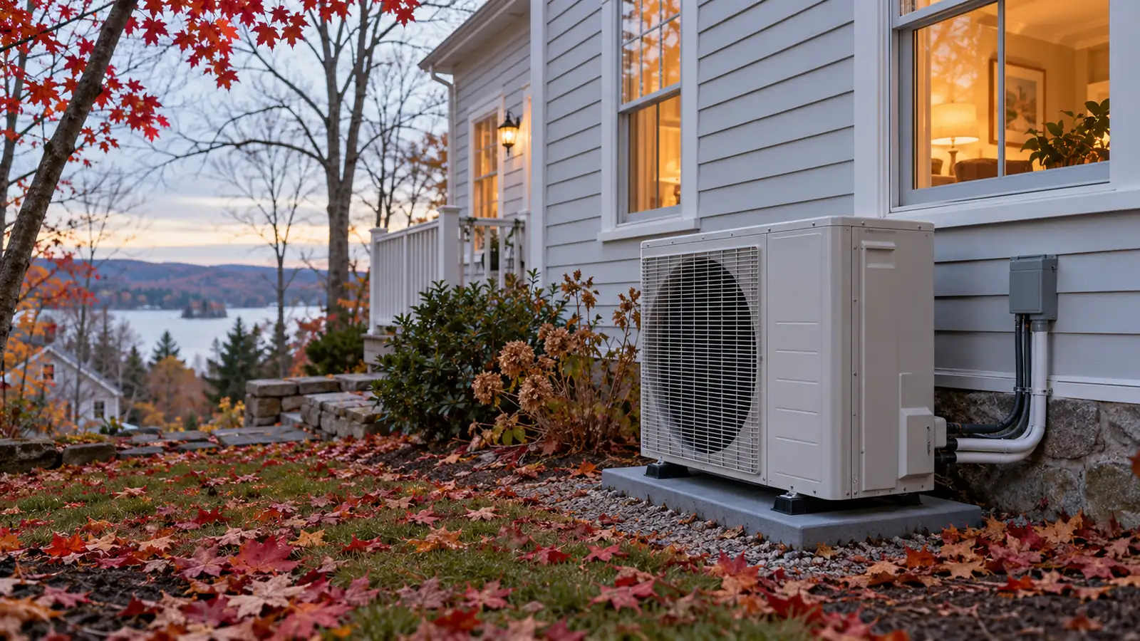 Illustration of an outdoor heat pump beside a Massachusetts-style clapboard home with autumn leaves