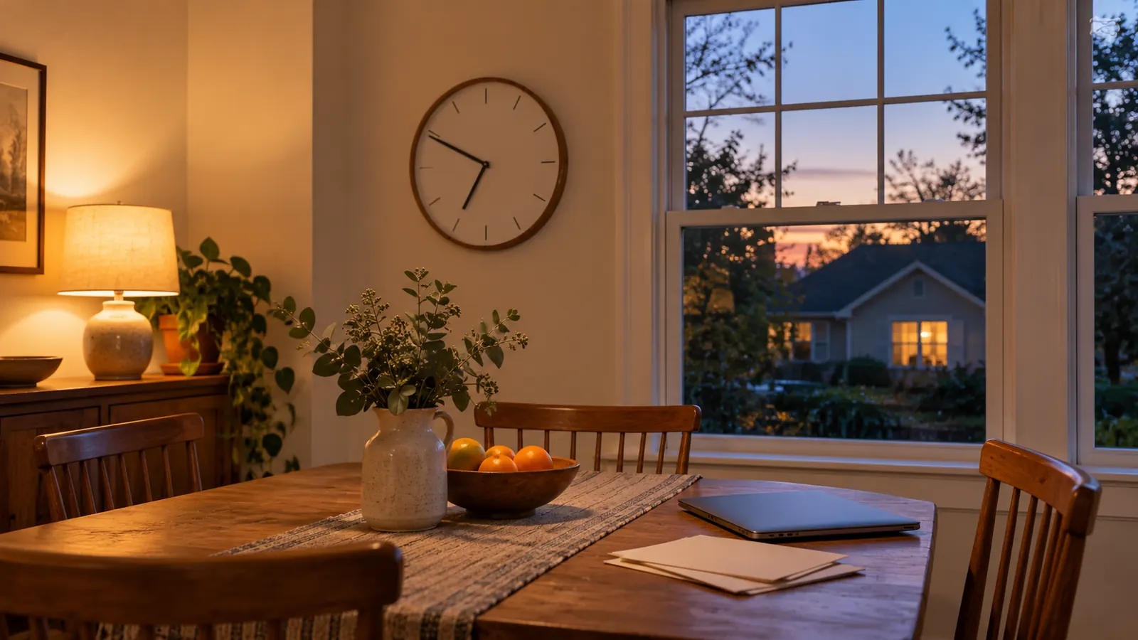 A wall clock above an American dining nook as evening daylight fades outside the window