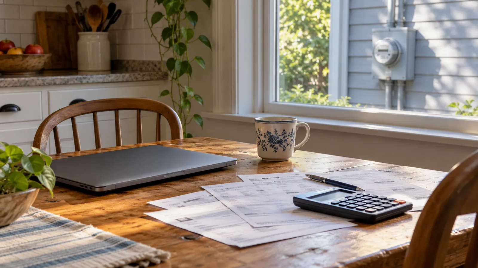 Illustration of utility papers and a calculator on a kitchen table with an electric meter outside the window
