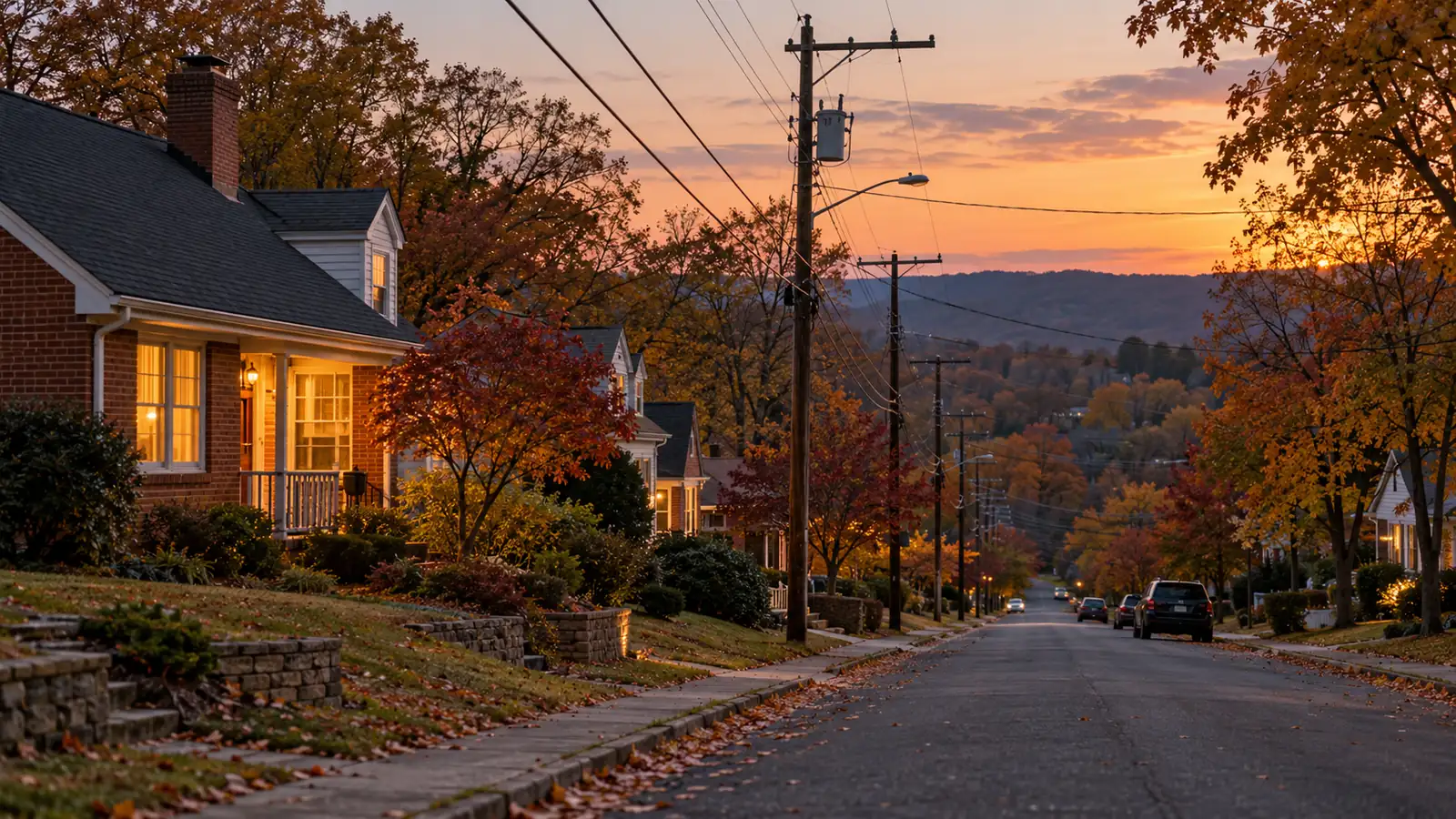 Illustration of a Virginia-style residential street at dusk with utility poles and autumn trees