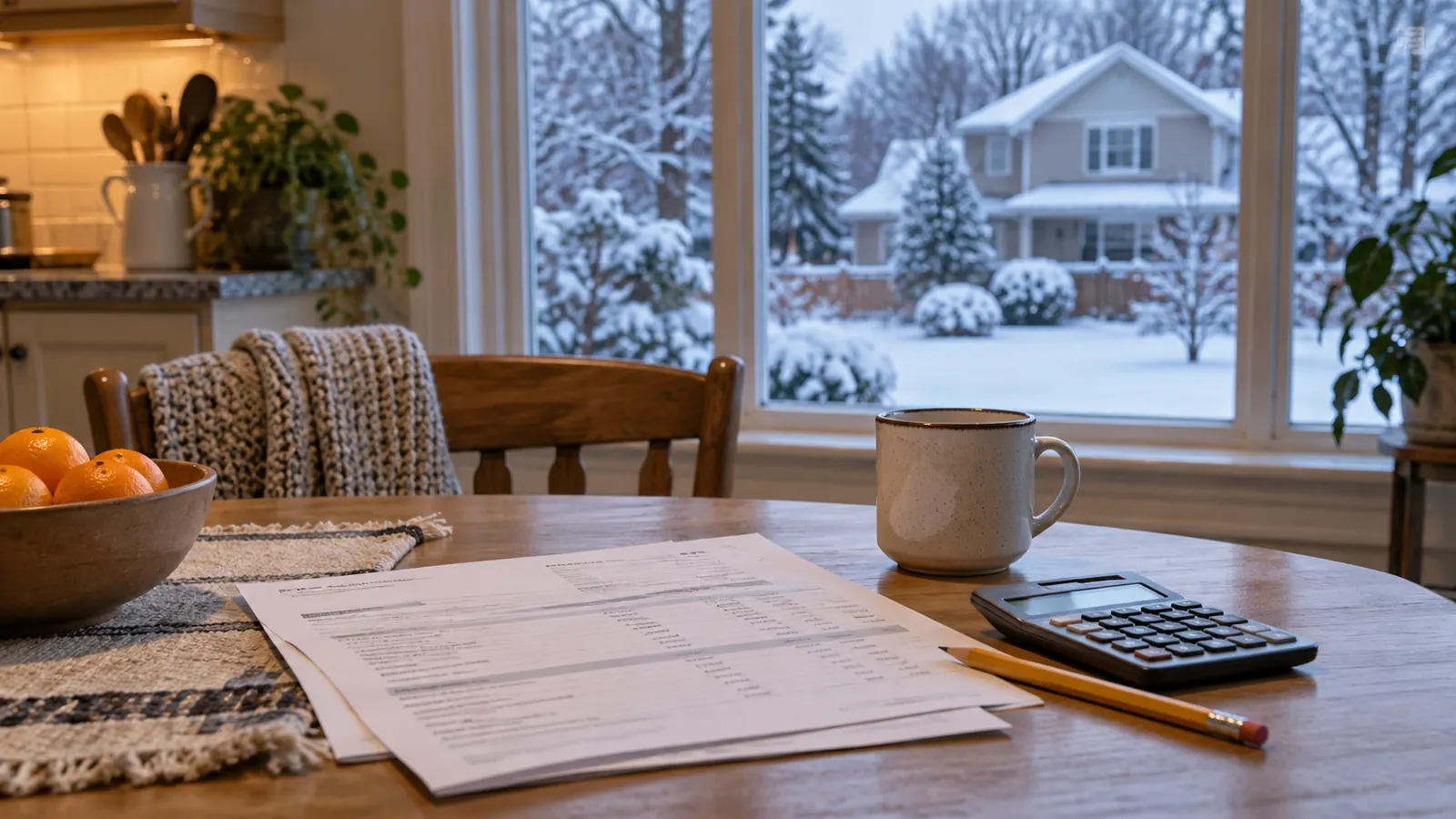 Utility statement and calculator on a kitchen table overlooking a snow-covered suburban yard